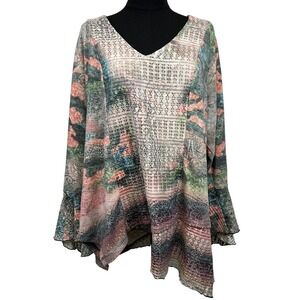 One World Women's 3X Tunic Top Bell Sleeve Crochet Artsy Boho Asymmetric‎ Hem